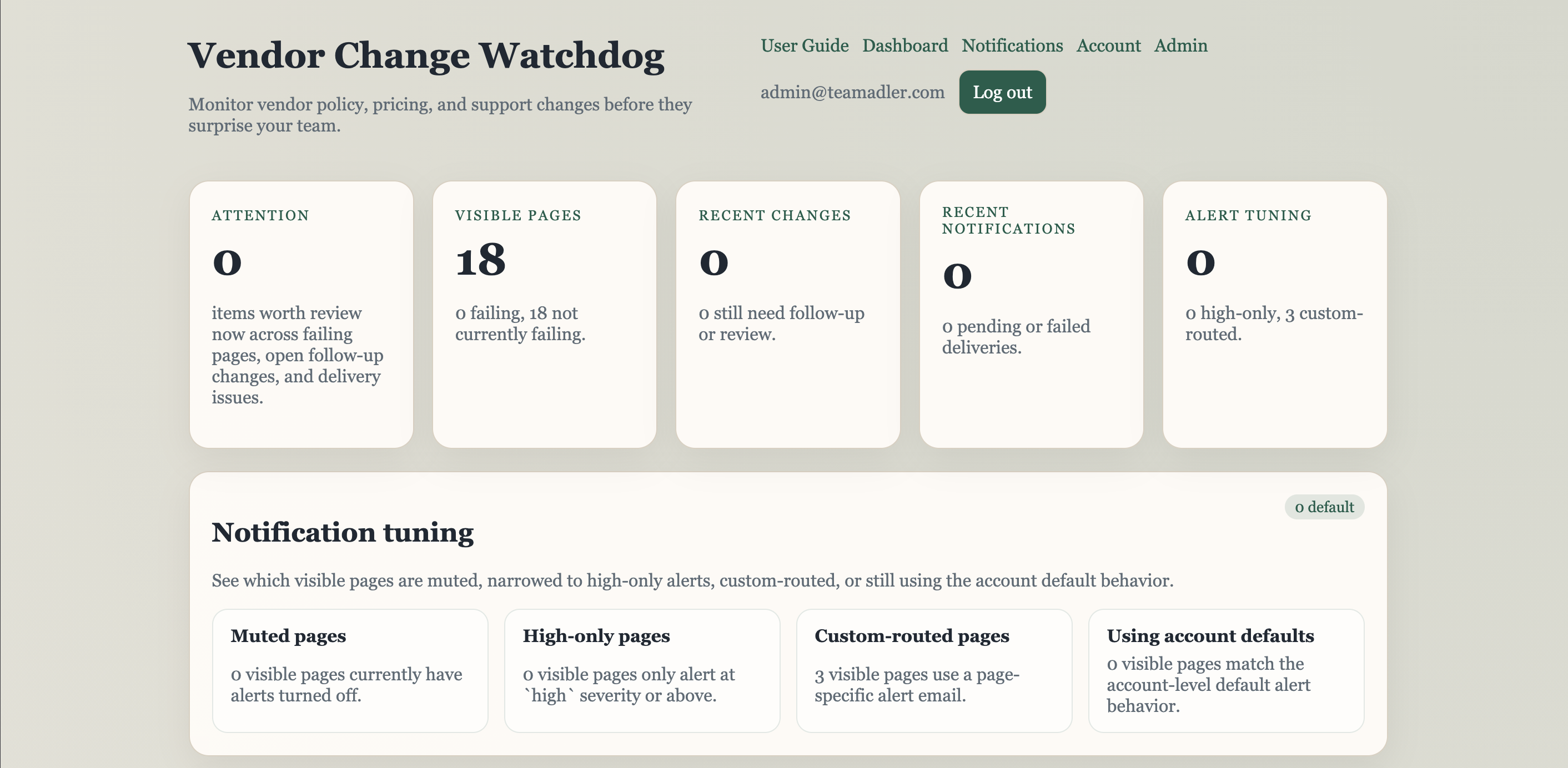 Vendor Change Watchdog dashboard summary cards and notification tuning panel.